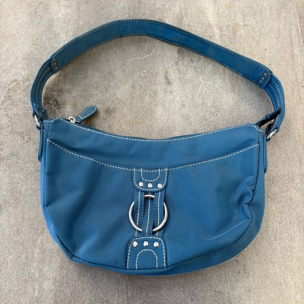 blue studded shoulder bag